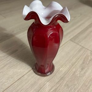 Vintage Ruby Red Blown Cased Art Glass Ruffled Vase w/White Interior. Very Good